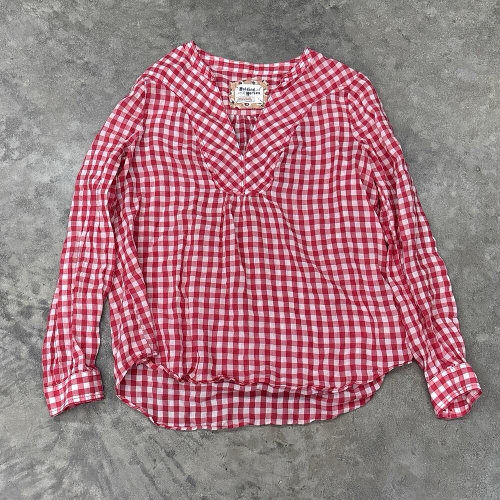 Anthropologie Holding Horses Red And White Gingham Long Sleeve Top Womens 4